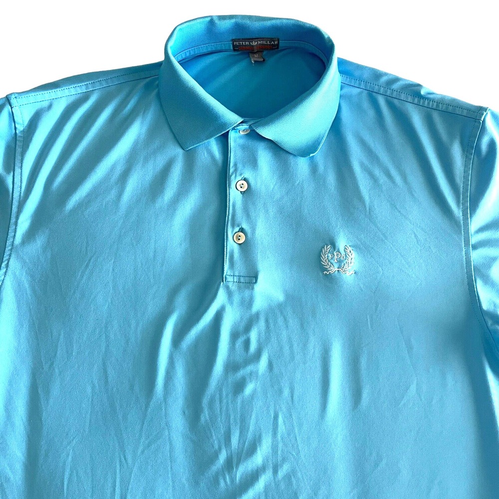 Peter Millar Summer Comfort Golf Polo Shirt Mens M‎ Blue Emblem Poly/Spandex